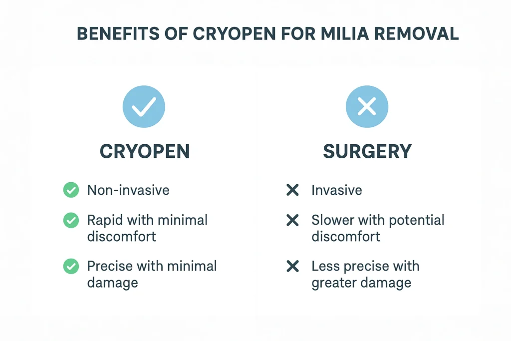 Benefits of cryopen for milia removal Derby compared to surgical treatments.