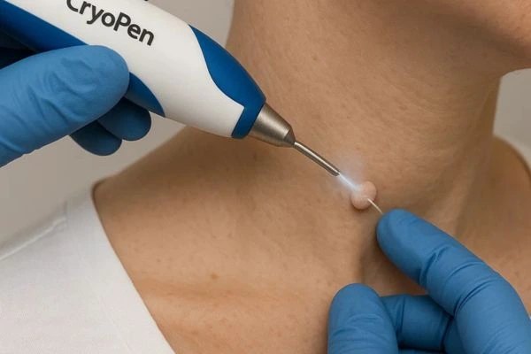 Person receiving cryotherapy Derby for skin tag removal