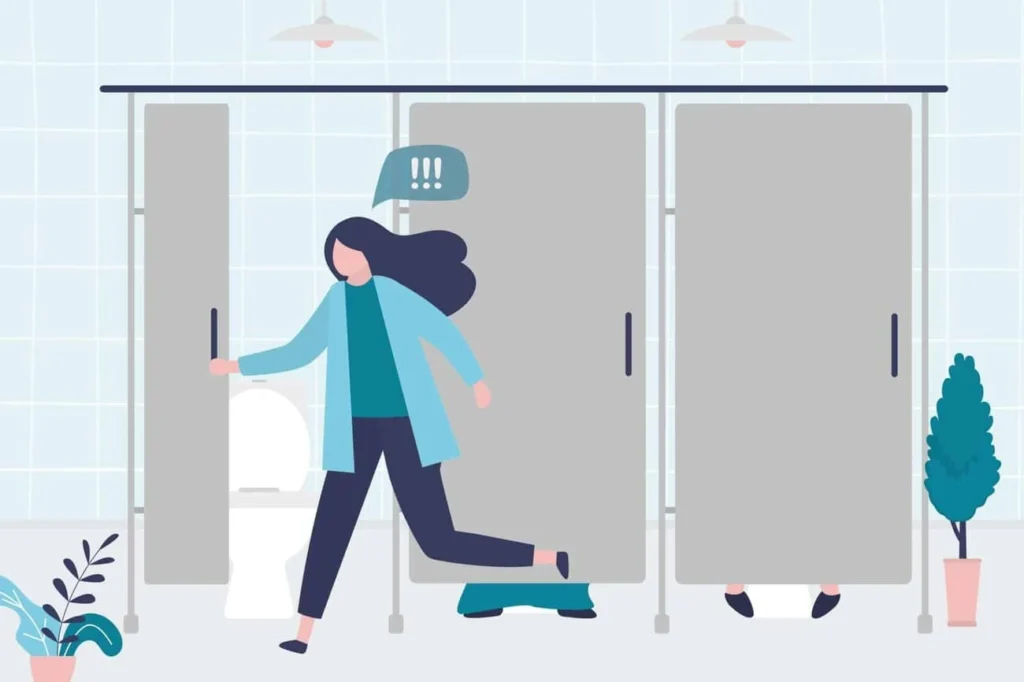 graphic of Urine incontinence Derby woman running to the toilet.