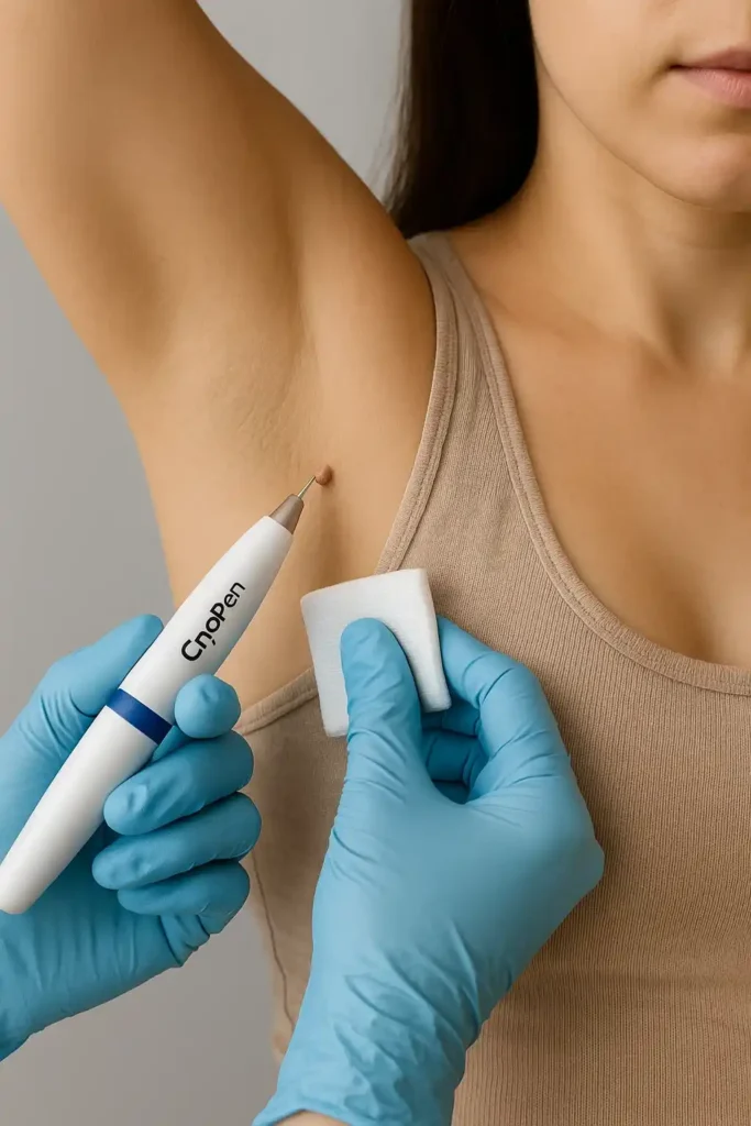 woman having cryopen to remove underarm skin tags Derby