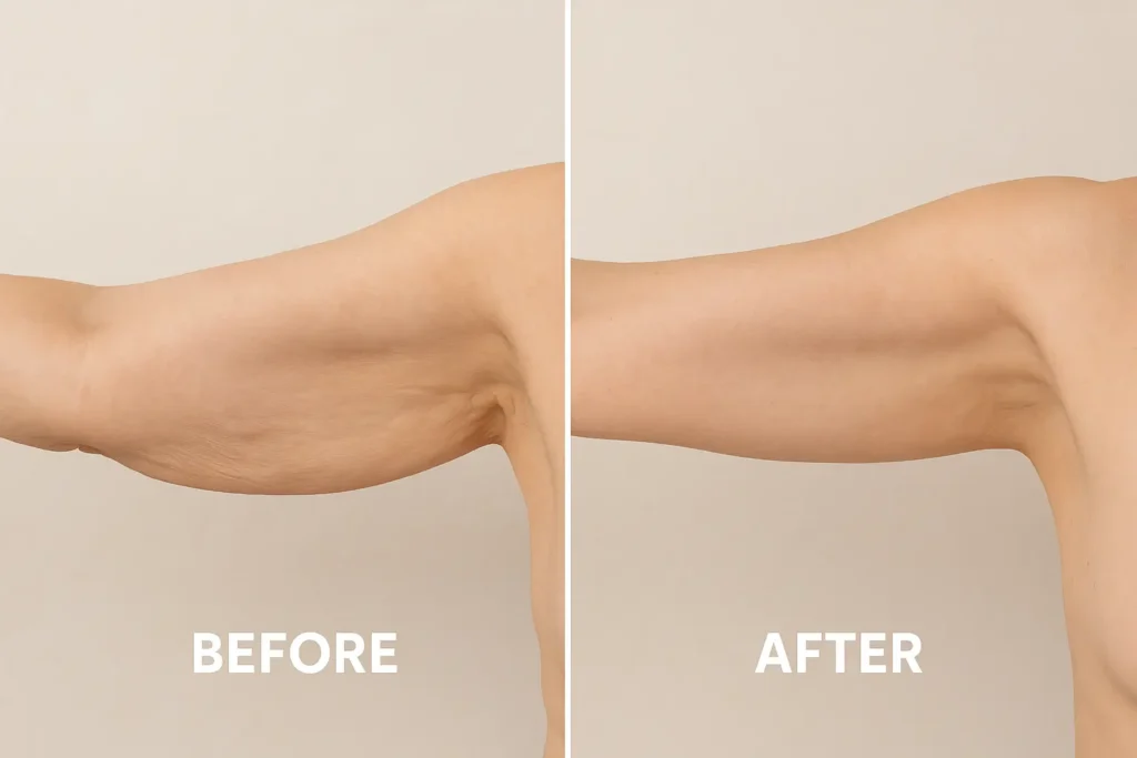 Picture of LA LIPO Derby before and after results of skin tightening treatment on the upper arms.