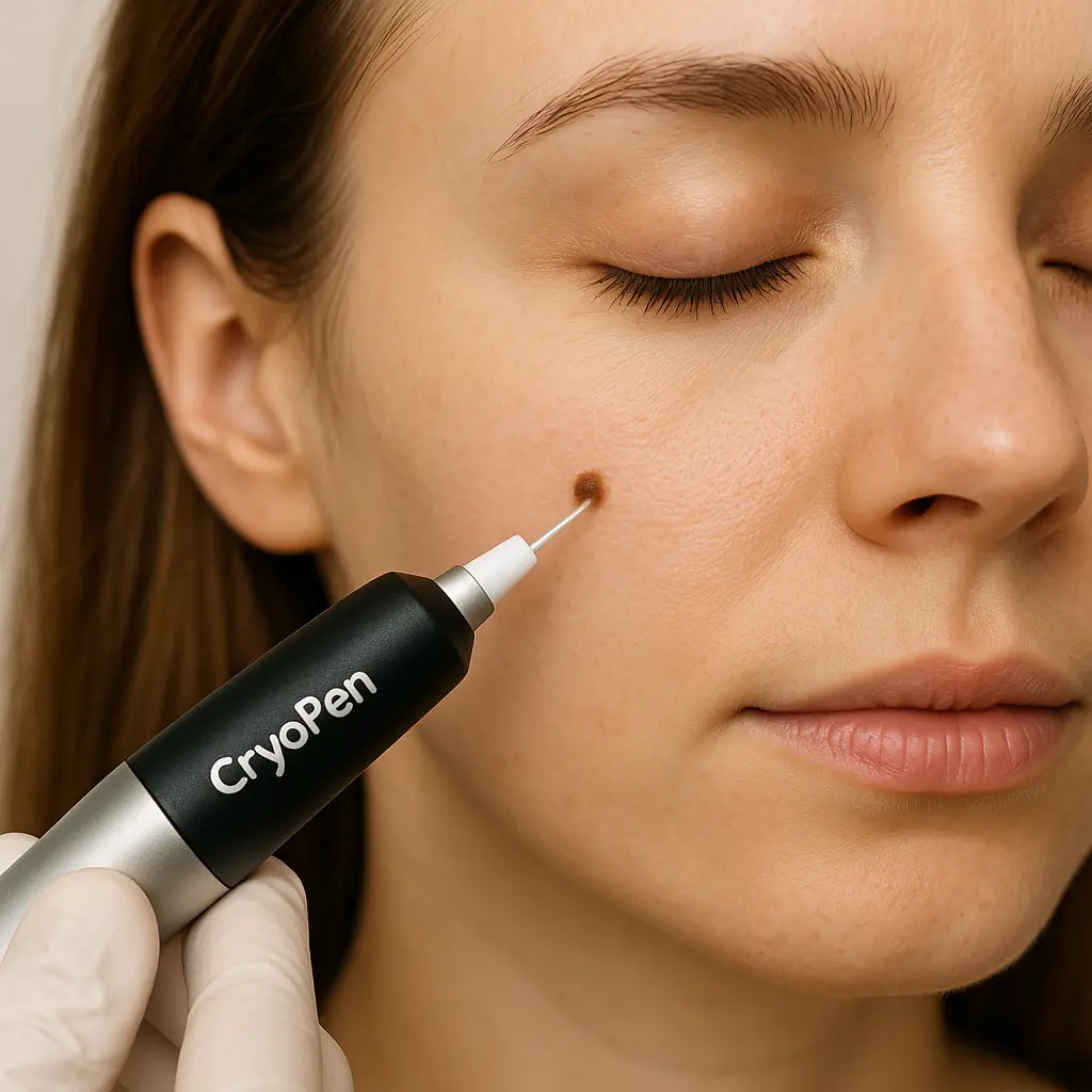 woman receiving facial mole removal Derby using cryopen 