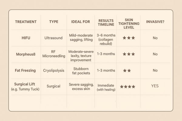 Table showing the comparisons of Skin tightening Derby treatment options.